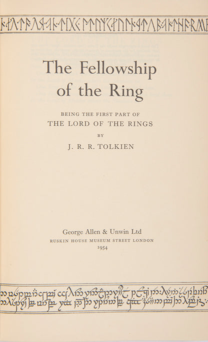 First editions of  the three volumes of The Lord of the Rings by J.R.R. Tolkien bound by Sangorski & Sutcliffe with the Eye of Sauron on the front board of each in gilt