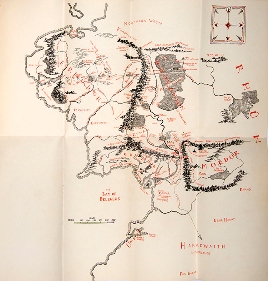 First editions of  the three volumes of The Lord of the Rings by J.R.R. Tolkien bound by Sangorski & Sutcliffe with the Eye of Sauron on the front board of each in gilt