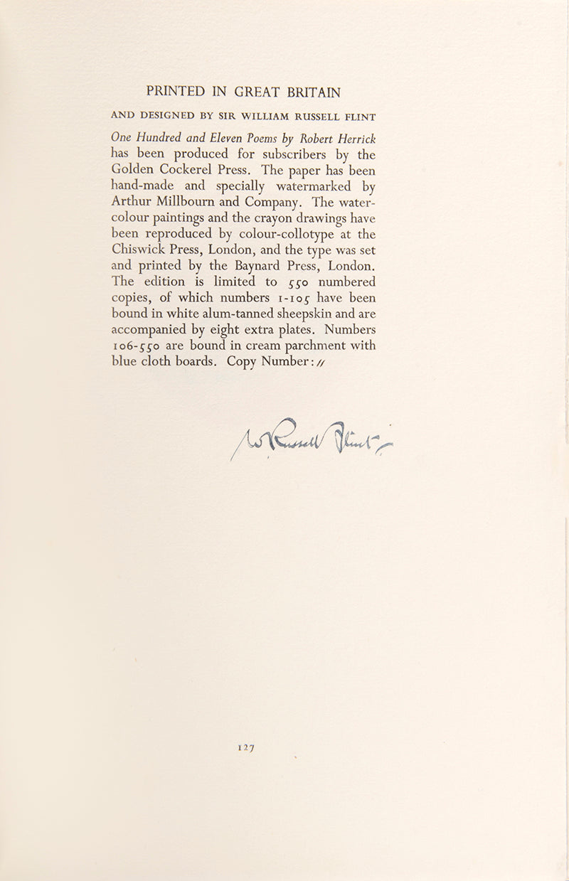 A beautifully produced edition of Herrick's poetry, illustrated by Sir William Russell Flint, in the special deluxe binding with extra plates.