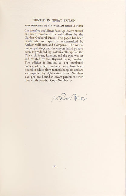 A beautifully produced edition of Herrick's poetry, illustrated by Sir William Russell Flint, in the special deluxe binding with extra plates.