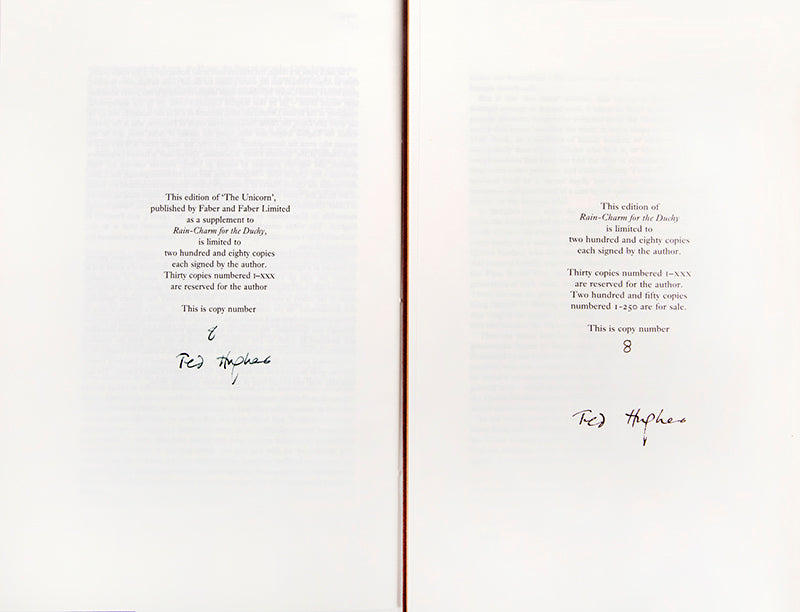 A pair of simultaneously issued first printings of Rain-Charm for the Duchy and The Unicorn, each numbered 8 of 280 copies, signed by Ted Hughes