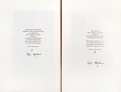 A pair of simultaneously issued first printings of Rain-Charm for the Duchy and The Unicorn, each numbered 8 of 280 copies, signed by Ted Hughes
