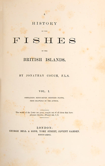 A finely bound set of the first work on British fish illustrated in colour, Jonathan Couch's History of the Fishes of the British Islands.