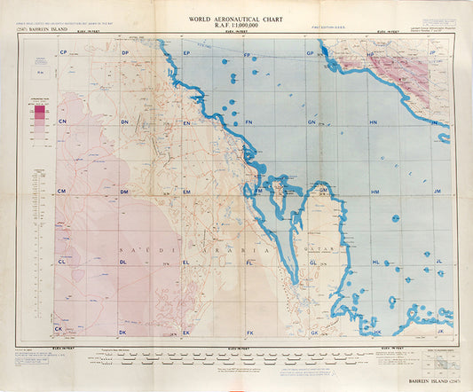 First edition of the 1951 issue of the R.A.F. Aeronautical map of Bahrain and Qatar. The only manmade indicated features, other than towns and roads, are of oil fields and pipelines. 