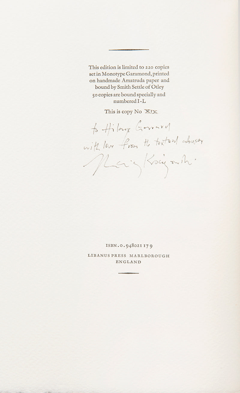 First edition of The Testament of Charlotte B edited by Marius Kociejowski, inscribed by the editor to Hilary Gerrard.