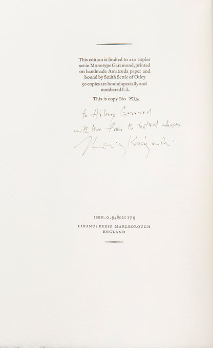 First edition of The Testament of Charlotte B edited by Marius Kociejowski, inscribed by the editor to Hilary Gerrard.