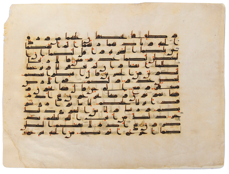 The calligraphic style and format of the present leaf strongly indicate that it was produced in the 9th century during the Abbasid period, with similar characteristics to Kufic Qur'ans found in Cairo and Damascus.