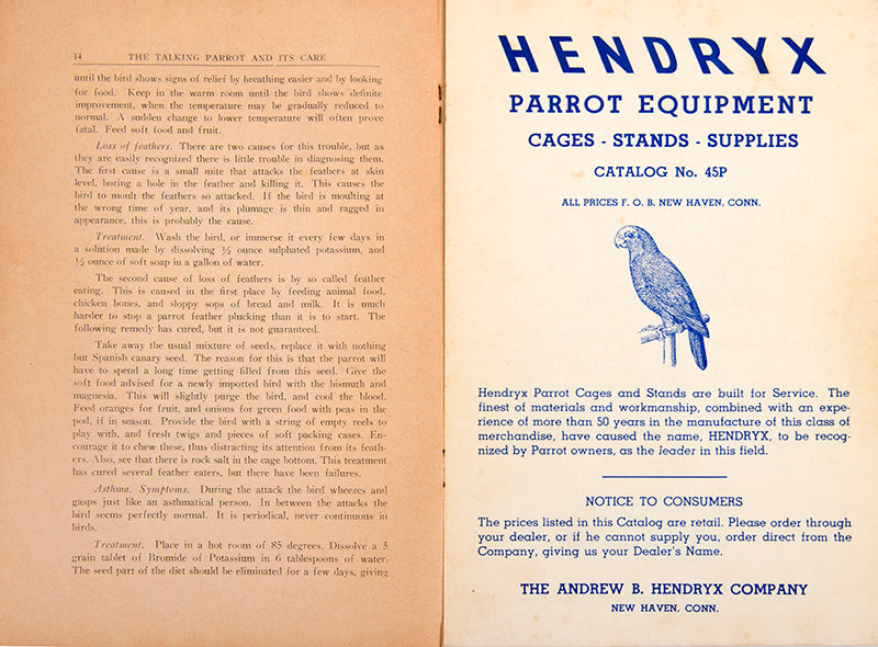 The Talking Parrot and Its Care by Armistead Carter, a rare pamphlet with two hand-coloured illustrations & interesting ads for bird and reptile supplies.