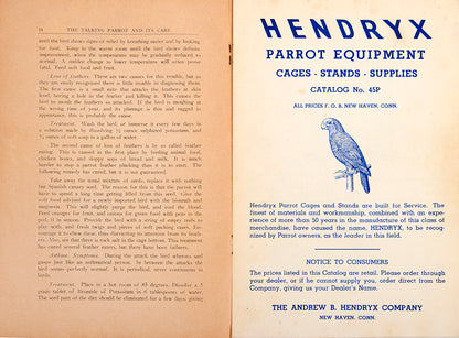 The Talking Parrot and Its Care by Armistead Carter, a rare pamphlet with two hand-coloured illustrations & interesting ads for bird and reptile supplies.