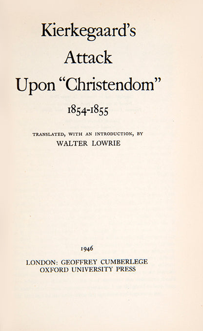 The first edition of these collected articles by Søren Kierkegaard attacking Christendom, seeking to restore the individual's relationship to God.