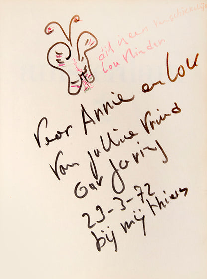 Presentation copy of Cor Jaring's book of photographs showing the various subcultures, protests, and happenings in Amsterdam during the 1960s, inscribed with a small drawing of a butterfly.
