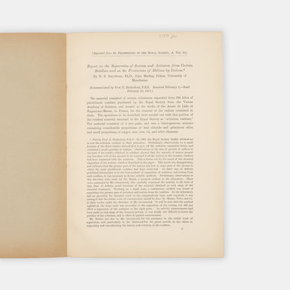 Offprint of Report on the Separation of Ionium and Actinium from Certain Residues, a paper following from Boltwood's discovery of the parent element of radium, the isotope thorium-230.