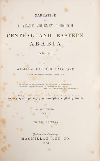 Although Arabia had been all but closed to Europeans for some time, Palgrave, a Jesuit, undertook this journey to ascertain how far missionary enterprise was possible among  Arabs