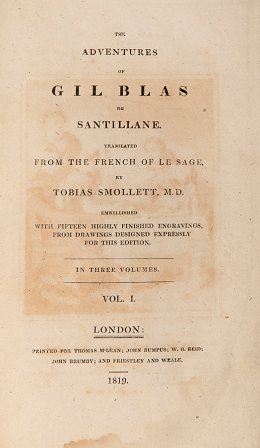Freshly illustrated edition of Tobias Smollett's translation of the Adventures of Gil Blas de Santillane, containing 15 hand-coloured aquatints.