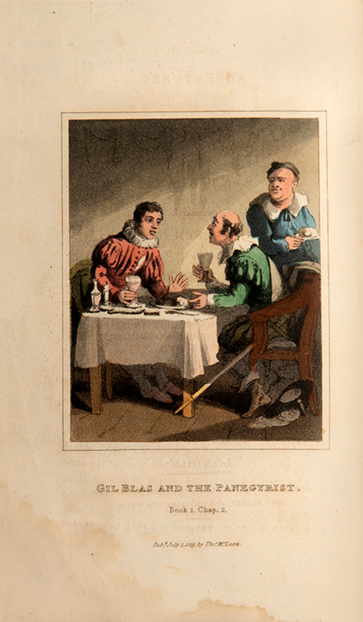 Freshly illustrated edition of Tobias Smollett's translation of the Adventures of Gil Blas de Santillane, containing 15 hand-coloured aquatints.