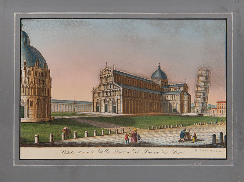 A souvenir album containing hand-coloured engravings by Ranieri Grassi and Salvatore Marroni that depict the buildings of Pisa and religious ceremonies in Rome respectively. 