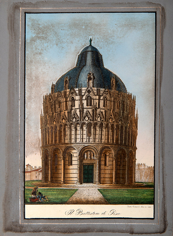 A souvenir album containing hand-coloured engravings by Ranieri Grassi and Salvatore Marroni that depict the buildings of Pisa and religious ceremonies in Rome respectively. 
