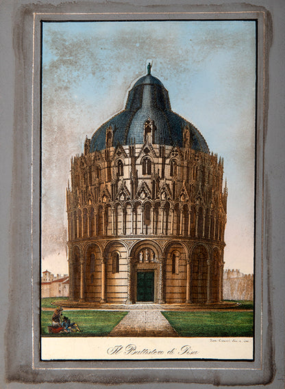 A souvenir album containing hand-coloured engravings by Ranieri Grassi and Salvatore Marroni that depict the buildings of Pisa and religious ceremonies in Rome respectively. 