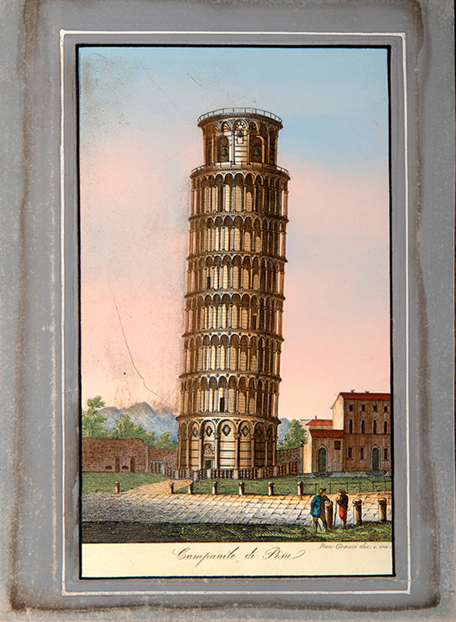 A souvenir album containing hand-coloured engravings by Ranieri Grassi and Salvatore Marroni that depict the buildings of Pisa and religious ceremonies in Rome respectively. 