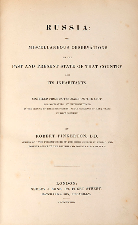First edition of Russia by Robert Pinkerton, containing 8 hand-coloured lithograph plates showing Russian costumes and everyday activities.