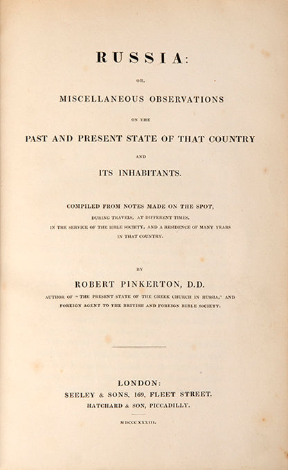 First edition of Russia by Robert Pinkerton, containing 8 hand-coloured lithograph plates showing Russian costumes and everyday activities.