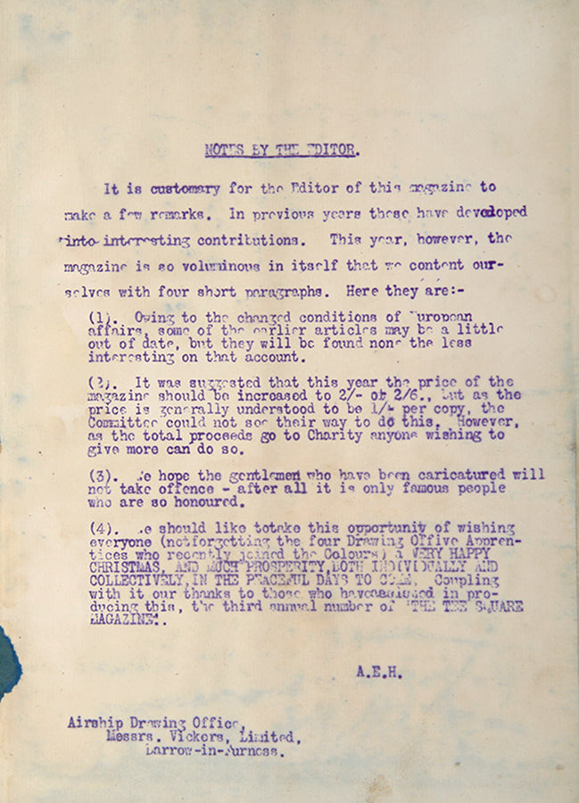 The 1918 and 1919 issues of Tee-Square magazine, created by staff of the Vickers Airship Drawing Office at Barrow-in-Furness to celebrate Christmas.