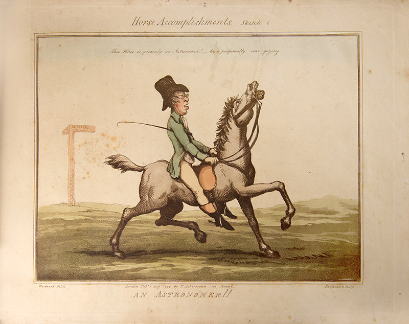 First edition of Horse Accomplishments by Thomas Rowlandson and George Woodward, containing 12 humorous hand-coloured aquatints of horses and riders.