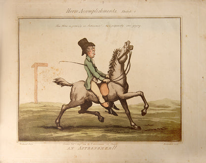 First edition of Horse Accomplishments by Thomas Rowlandson and George Woodward, containing 12 humorous hand-coloured aquatints of horses and riders.
