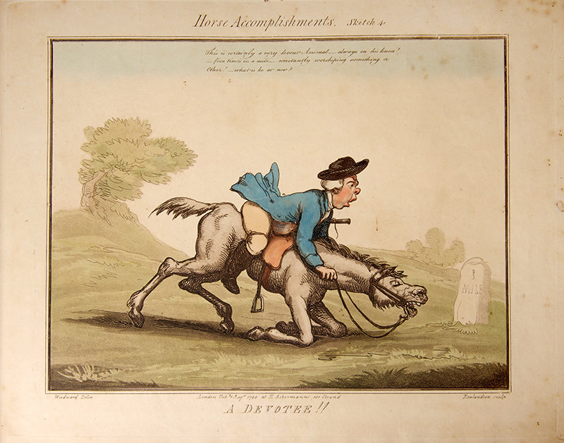 First edition of Horse Accomplishments by Thomas Rowlandson and George Woodward, containing 12 humorous hand-coloured aquatints of horses and riders.