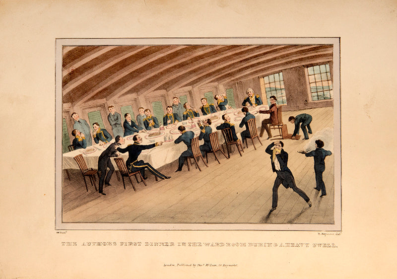 First edition of Journal of a Landsman from Portsmouth to Lisbon by Robert Seymour, with 24 hand-coloured plates satirising life on the Royal Navy.