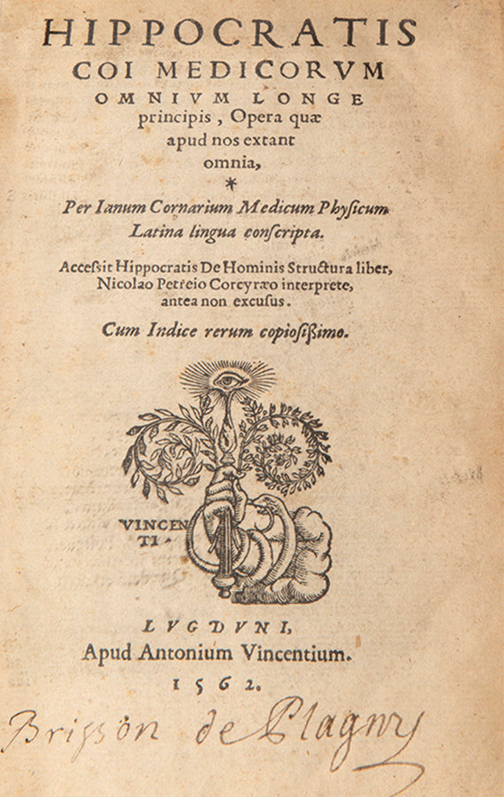 A lovely copy of the Janus Cornarius translation of the works of Hippocrates, this edition published in 1562 and handsomely bound.