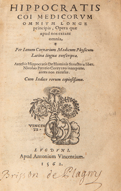 A lovely copy of the Janus Cornarius translation of the works of Hippocrates, this edition published in 1562 and handsomely bound.