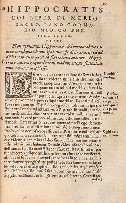 A lovely copy of the Janus Cornarius translation of the works of Hippocrates, this edition published in 1562 and handsomely bound.