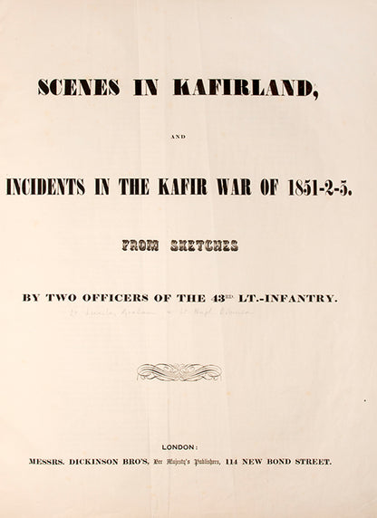 First edition of Scenes in Kafirland by Lumley Graham and Hugh Robinson, containing 21 hand-coloured lithograph plates of views and scenes in the Cape Colony in South Africa.