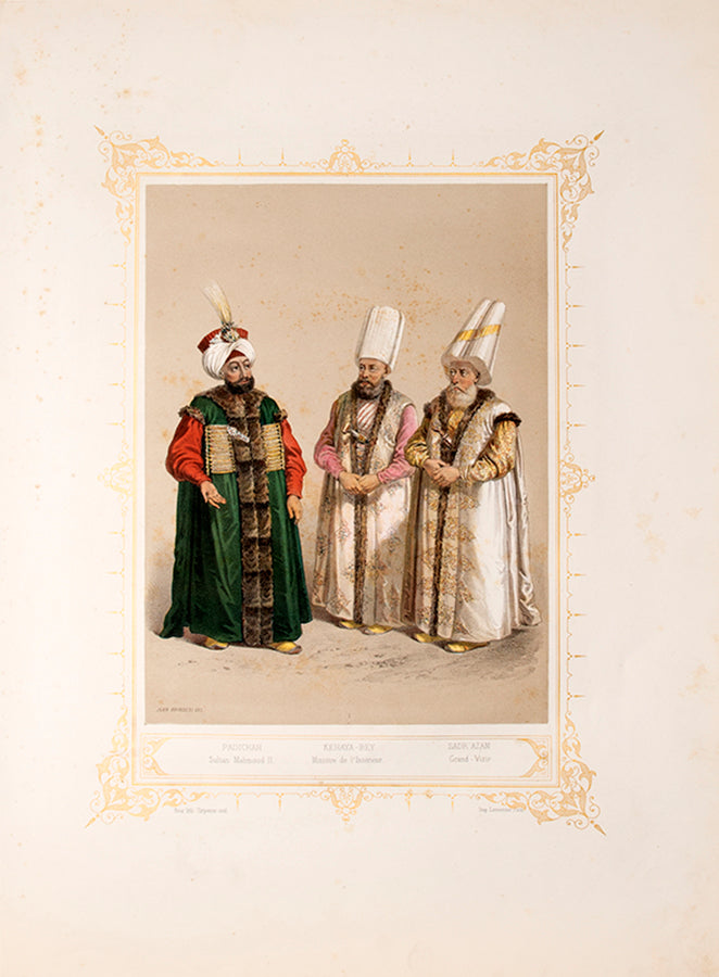 First edition of Elbicei atika musee des anciens costumes Turcs de Constantinople by Jean Brindesi, containing 22 hand-coloured plates of Turkish costumes.