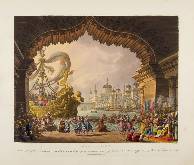 Early issue of Sceniche Decorazioni and Raccolta by Alessandro Sanquirico, the pioneering set designer, containing 75 plates of operas, ballets, and plays performed in La Scala in Milan between 1817 and 1832.