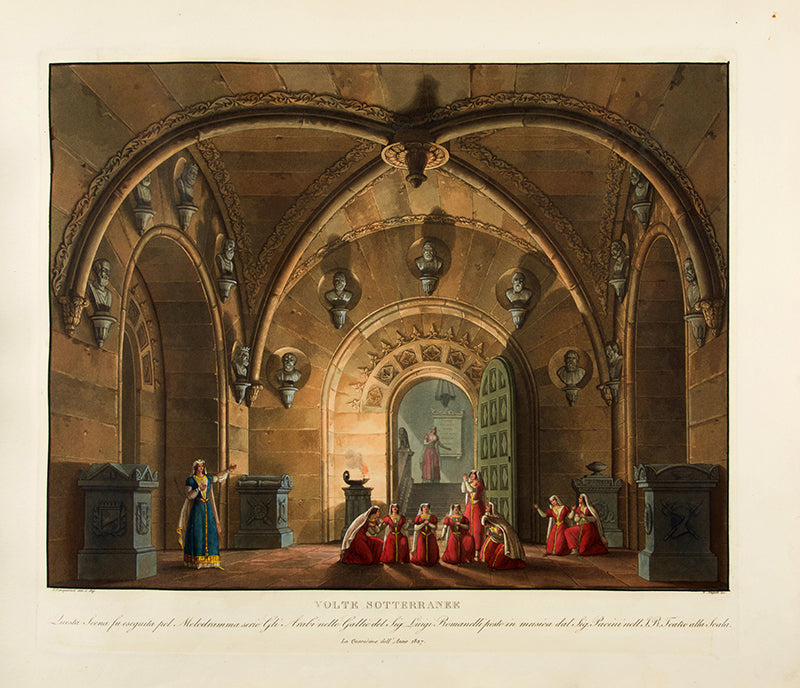 Early issue of Sceniche Decorazioni and Raccolta by Alessandro Sanquirico, the pioneering set designer, containing 75 plates of operas, ballets, and plays performed in La Scala in Milan between 1817 and 1832.