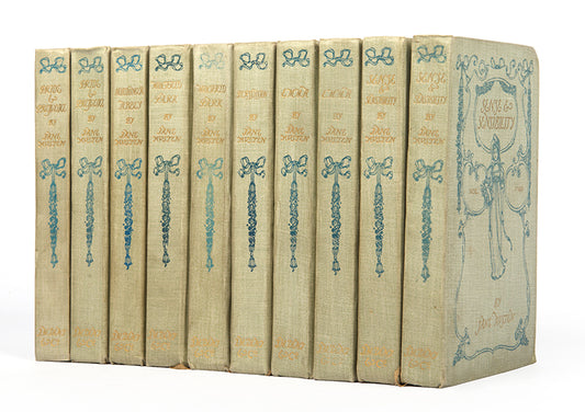 a lovely mixed edition complete set of ten volumes novels by jane austen with stunning pictorial boards florid decoration and gilt lettering illustrated by brock brothers