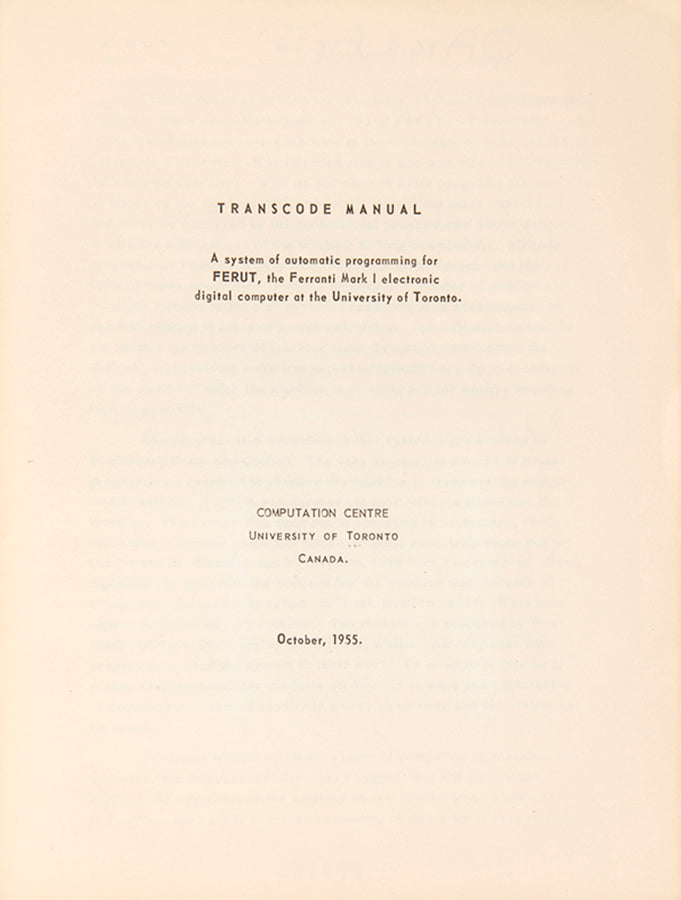 First edition of Transcode Manual, the only separately published work by computing pioneer Beatrice Worsley and the founding document of Canadian computer science.