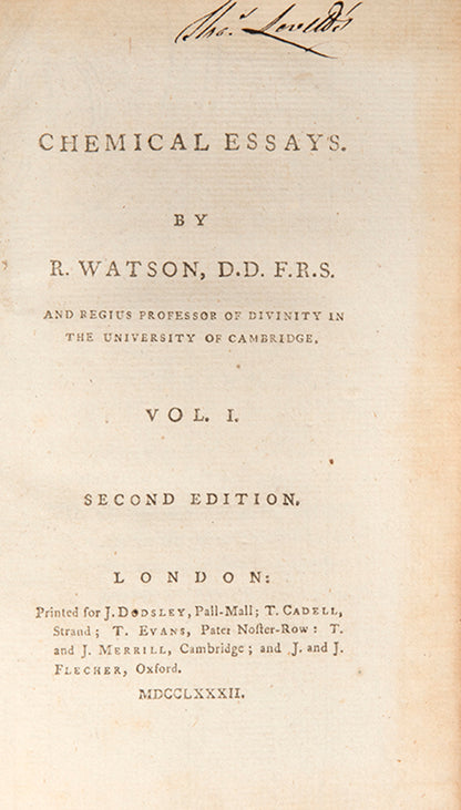 A charming mixed set of Richard Watson's Chemical Essays in contemporary bindings.