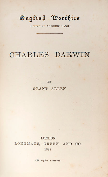 First edition of science writer Grant Allen's popular biography of Charles Darwin, published in 1888.