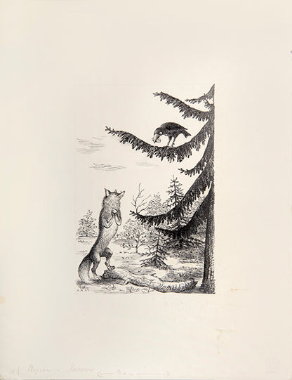 Altman's original pen and ink illustrations for the book of 'Krylov's Fables' published by OGIZ in Moscow, 1947.