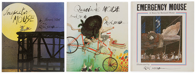 First editions of Inspector Mouse, Quasimodo Mouse, and Emergency Mouse by Bernard Stone and Ralph Steadman, inscribed to Hilary Gerrard