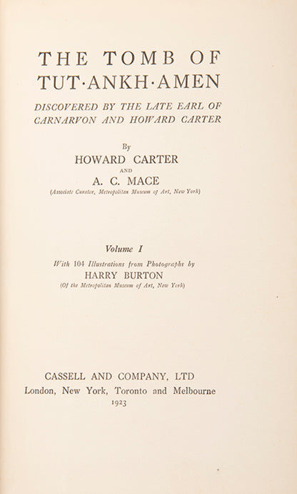 First edition of the three-volume Tut-Ankh-Amen, Howard Carter's account of the most famous archaeological discovery of the 20th century.   