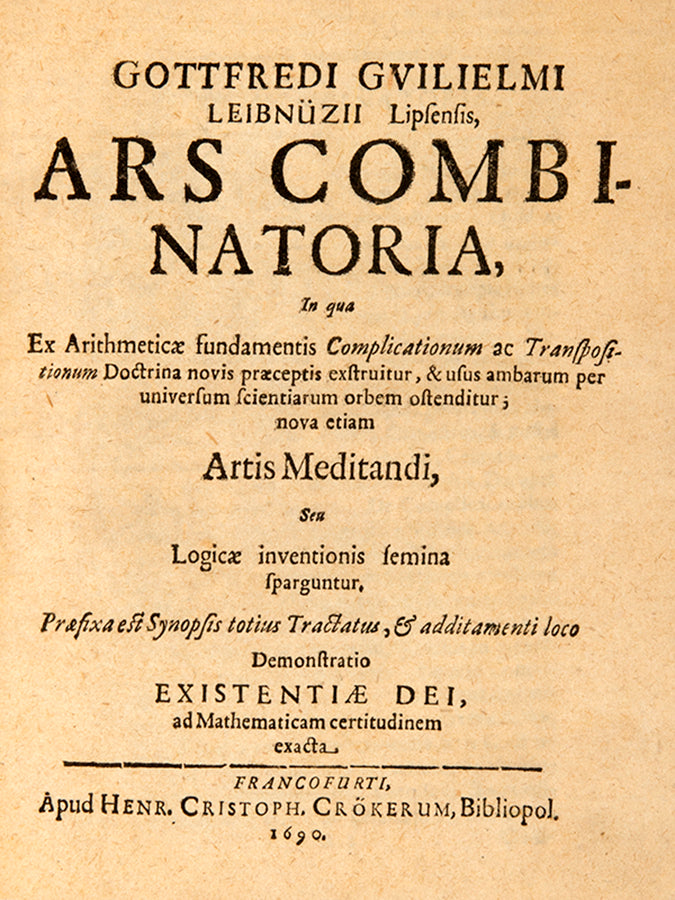 Second edition of Leibniz's groundbreaking early work on combinatorics, Ars Combinatoria, published in 1690.