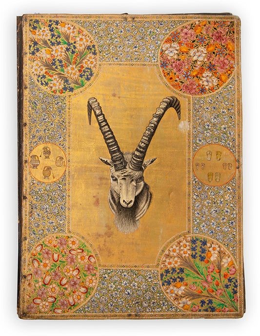 A pair of conjoined wooden boards, hand-painted and lacquered, depicting indian game hunting animals, Kashmir, 1820.