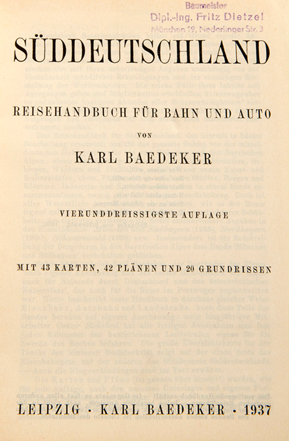 This volume covers Southern Germany and contains plans of Munich, Stuttgart, Bamberg, Augsburg and Salzburg. 