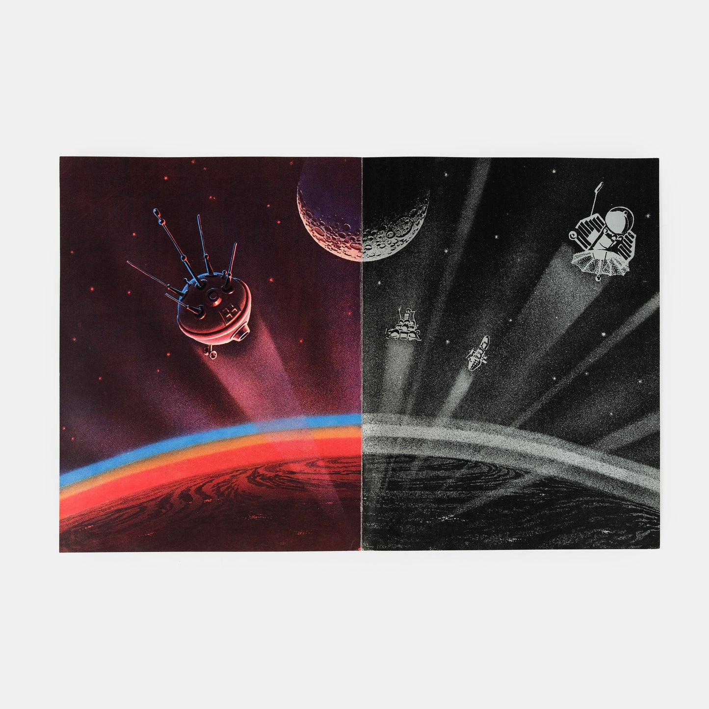 First edition of this striking 1972 portfolio of Soviet Space Art by Andrei Sokolov and A. Leonov, Kosmicheskie Dali [Cosmic Distances], presentation copy inscribed by Sokolov.
