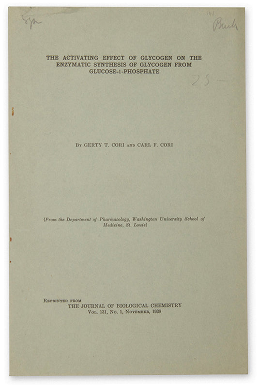 Three rare offprints published in 1926 and 1939 by the Nobel Prize-winning biochemists Gerty and Carl Cori, who did important research on carbohydrate metabolism.