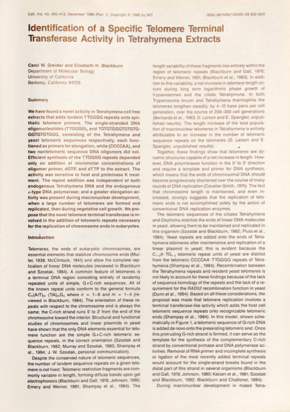 First edition, journal issue of the paper announcing the discovery of telomerase, for which the authors Carol Greider and Elizabeth Blackburn were awarded the Nobel Prize.